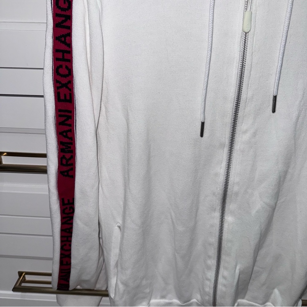 Armani Exchange Mens Zip Up Hoodie White & Red AX Arm Stripe Logo Sweater Medium - Picture 3 of 7
